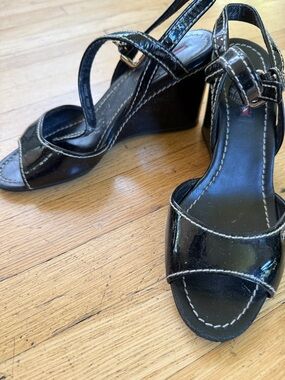 Prada Black Patent Leather Wedge Sandals with Ankle Strap